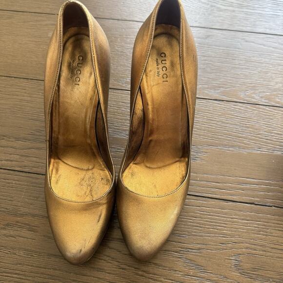 GUCCI ITALY Gunmetal Copper Gold platform shimmer classic pumps 6B Serial 171372 - Picture 10 of 11